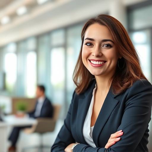 Entrevista corporativa con una ejecutiva sonriendo a la cámara en un entorno de oficina moderno