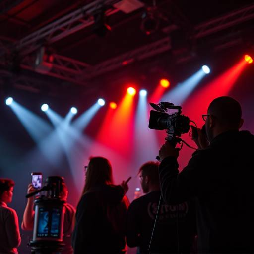 Equipo de camarógrafos grabando un concierto en vivo con iluminación espectacular.