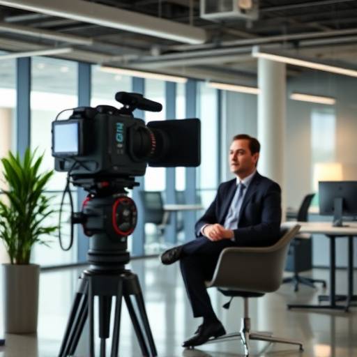 Equipo de filmación grabando una entrevista con el CEO de una empresa en sus oficinas centrales.
