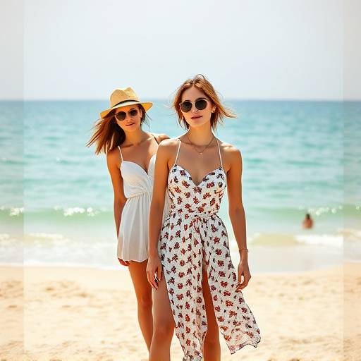 Escena de un comercial de moda filmado en la playa de la Barceloneta, mostrando modelos con ropa de verano y el mar Mediterráneo de fondo.