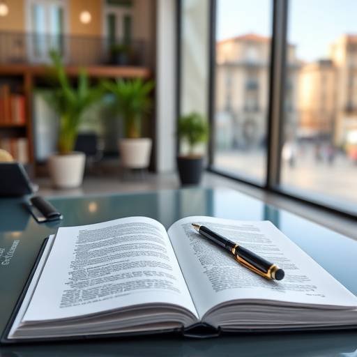 Imagen conceptual que representa los términos y condiciones, mostrando un libro abierto con un contrato y un bolígrafo en un escritorio moderno en Barcelona.
